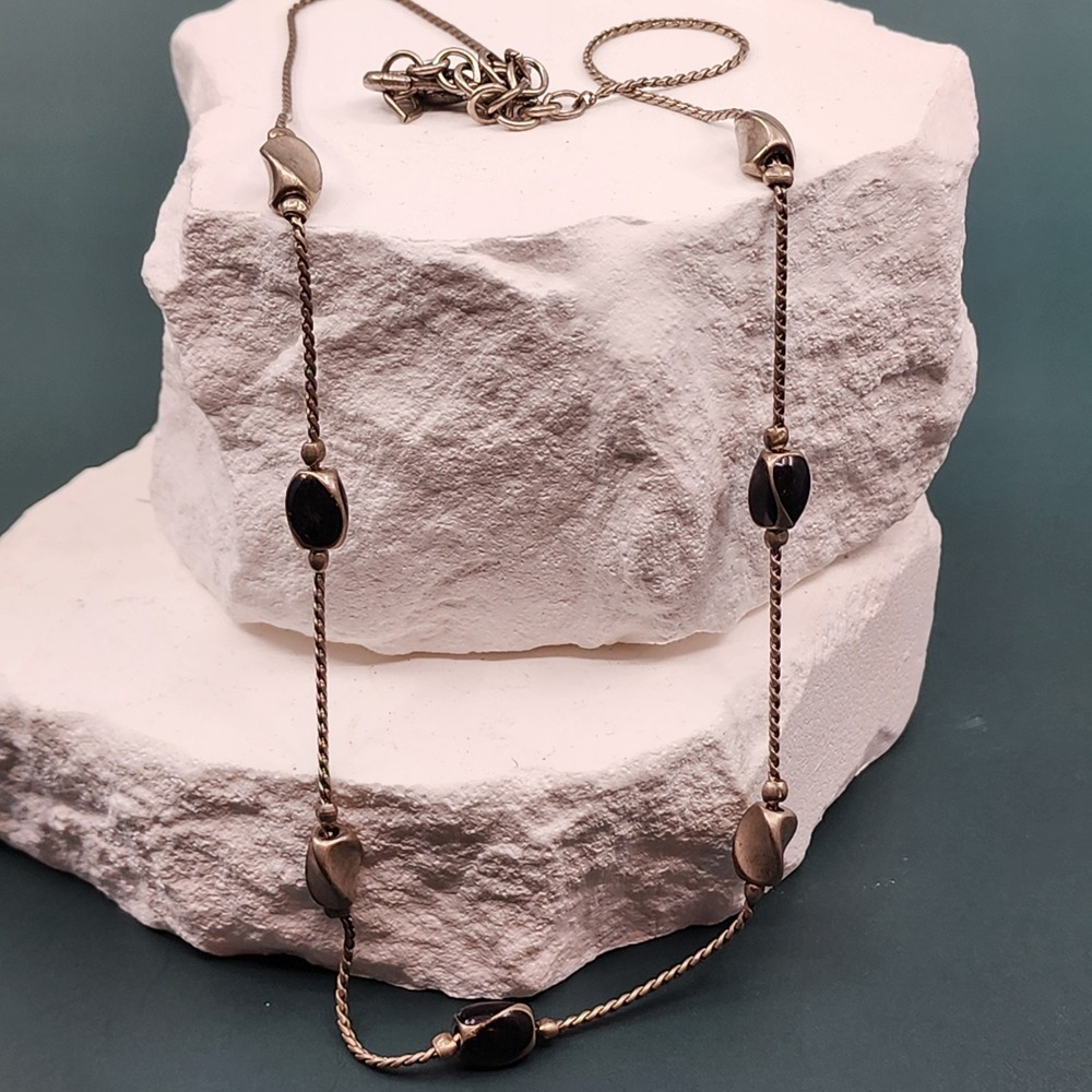 Vintage Silver Tone Black Bead Station Necklace Adjustable Boho Minimalist Art